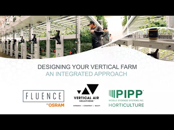 People tending cannabis in vertical farm with LED grow lights and company logos.