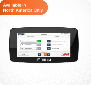 SHYFT Light Scheduler panel for cannabis lighting tech, Fluence logo, "Available in North America Only" noted.