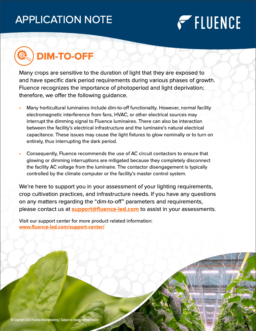 Fluence note on LED grow lights for cannabis, lighting controls, and plant growth.