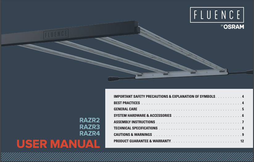 User guide cover for Fluence Osram commercial LED grow lights for cannabis.