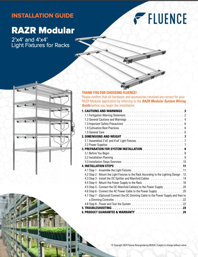 Cover of install guide for LED grow lights for cannabis; modular rack systems shown.