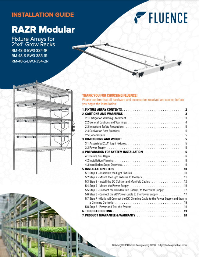 Installation guide cover for LED grow lights for commercial cannabis cultivation.