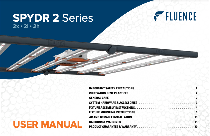 LED grow lights for cannabis above Fluence SPYDR 2 manual for commercial cultivation.