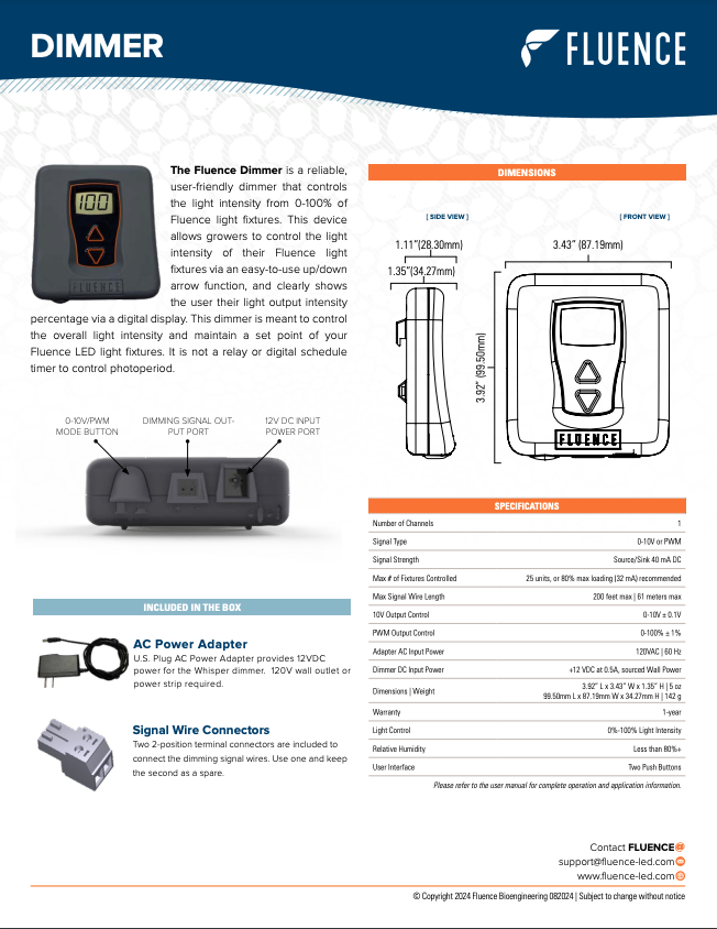 Fluence dimmer specsheet for LED grow lights in commercial cannabis cultivation.