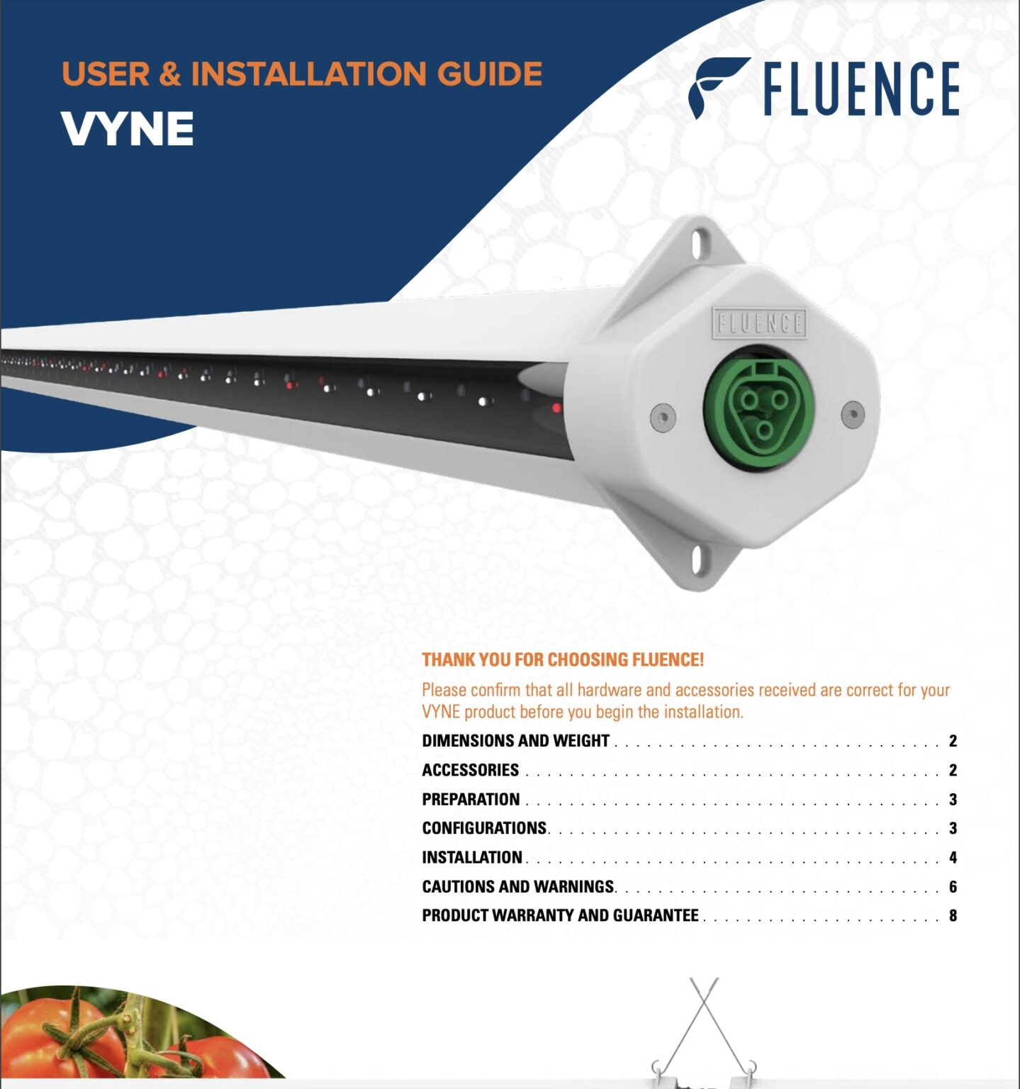 Cover page of Fluence VYNE LED grow lights for cannabis user and install guide.