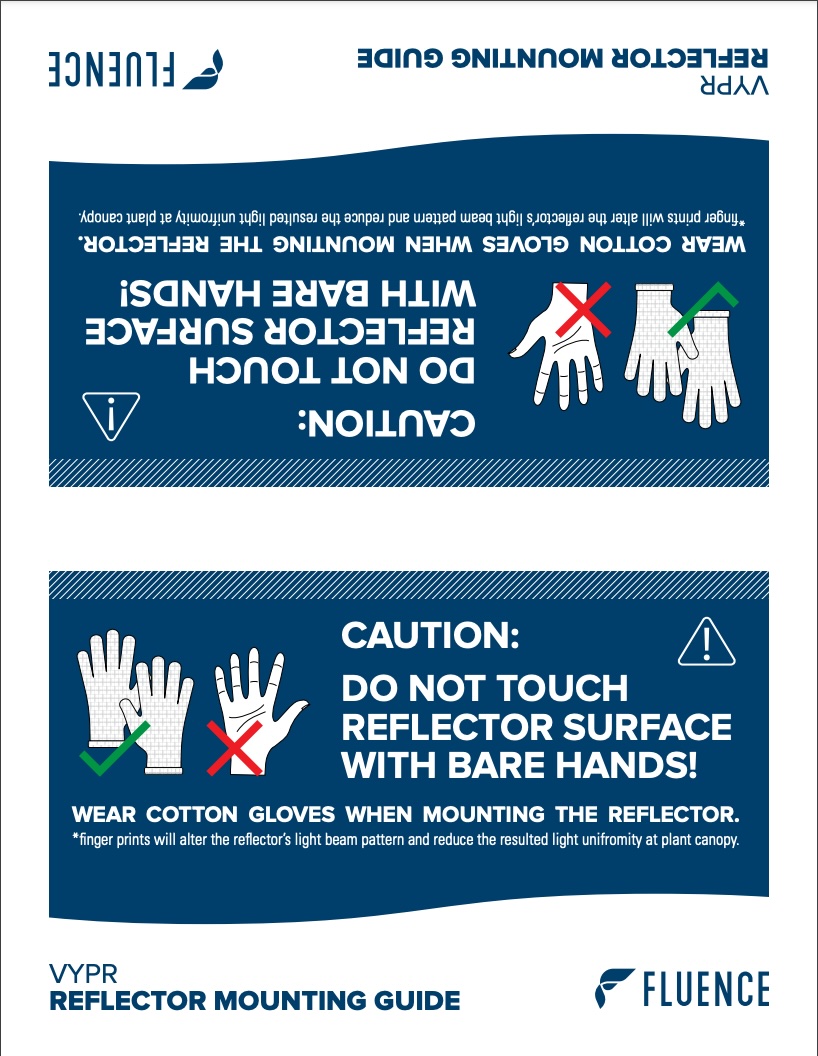 Instructional image on handling LED grow light reflectors for cannabis cultivation.