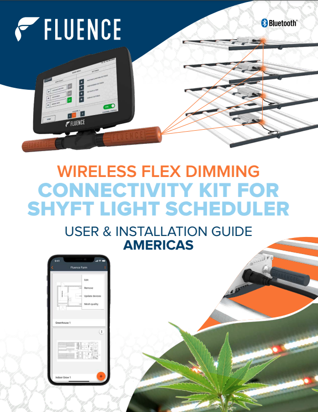 Promotional image of LED grow lights for cannabis, tablet app, wiring, and guide.