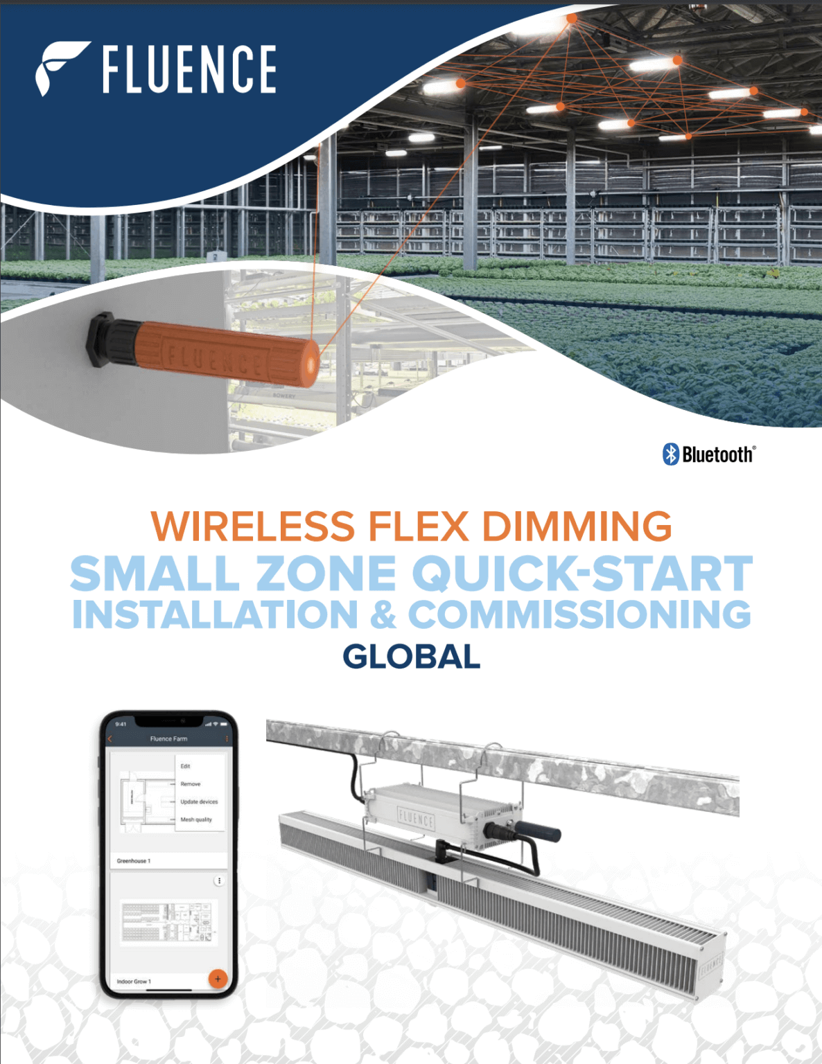 1. Fluence Wireless Flex Dimming guide with cannabis LED grow light technology. 2. Greenhouse, dimmer, and smartphone interface for commercial cannabis cultivation lights. 3. Cannabis lighting tech: wireless dimming device, greenhouse, LED grow lights for cannabis. 4. Commercial cannabis cultivation greenhouse featuring advanced LED grow lighting system.