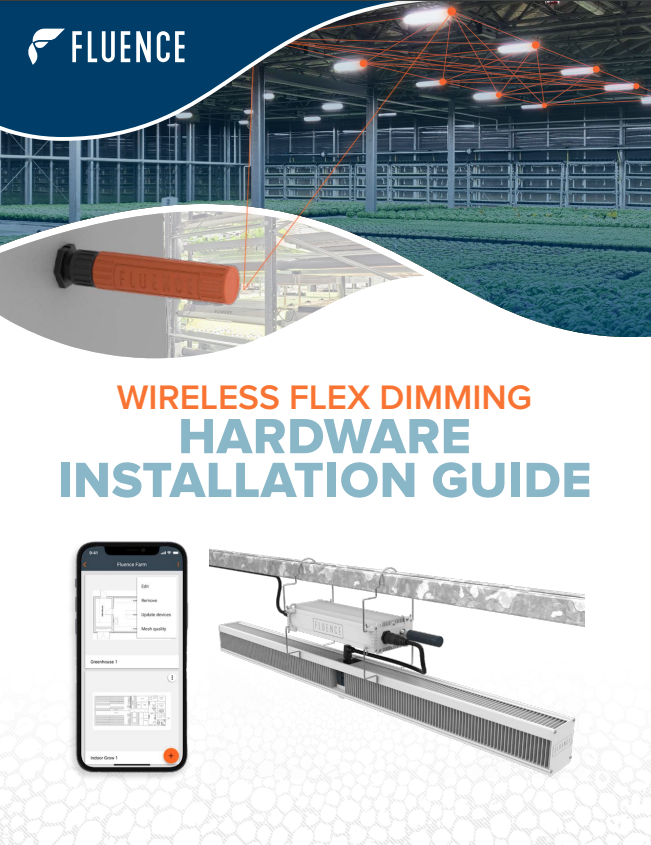 Cover of Fluence guide showing LED grow lights for cannabis and mobile controls.
