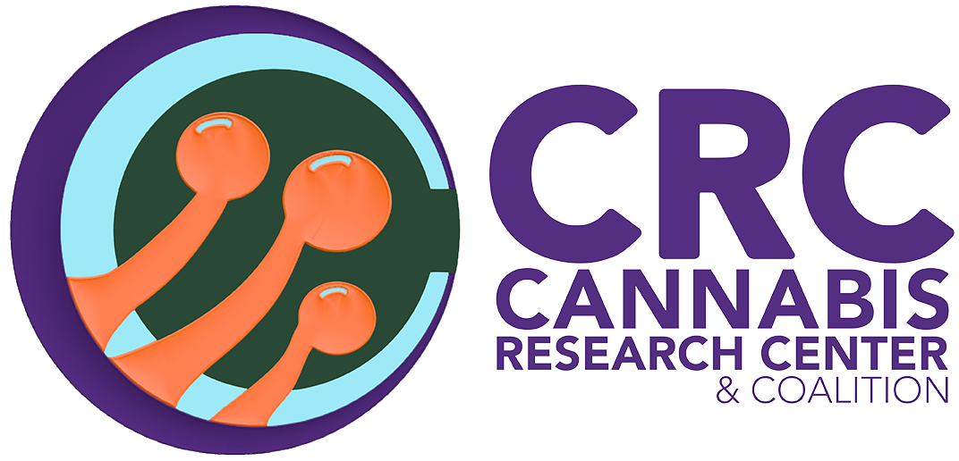 Logo with three orange tips in a blue-green circle, CRC Cannabis Research Center & Coalition text, for cannabis lighting technology and LED grow lights.