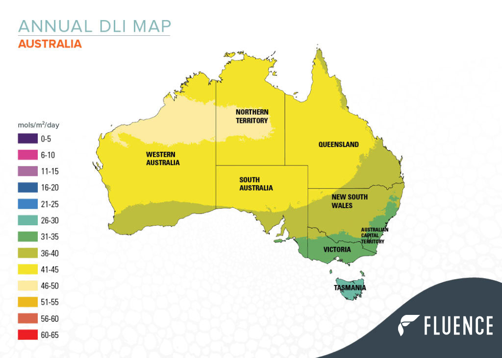 Australia DLI map for cannabis lighting, ideal for LED grow lights selection.