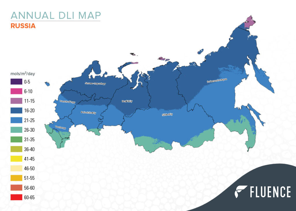 Map of Russia showing DLI zones, ideal for cannabis cultivation lighting planning.