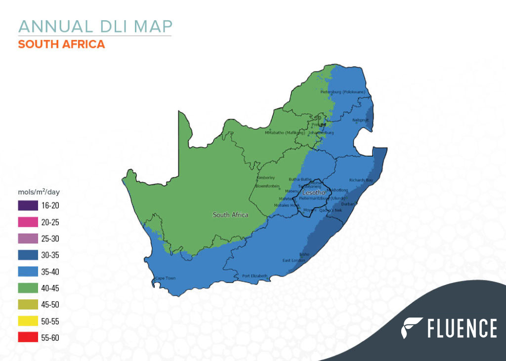 Map of South Africa showing DLI for commercial cannabis cultivation lighting needs.