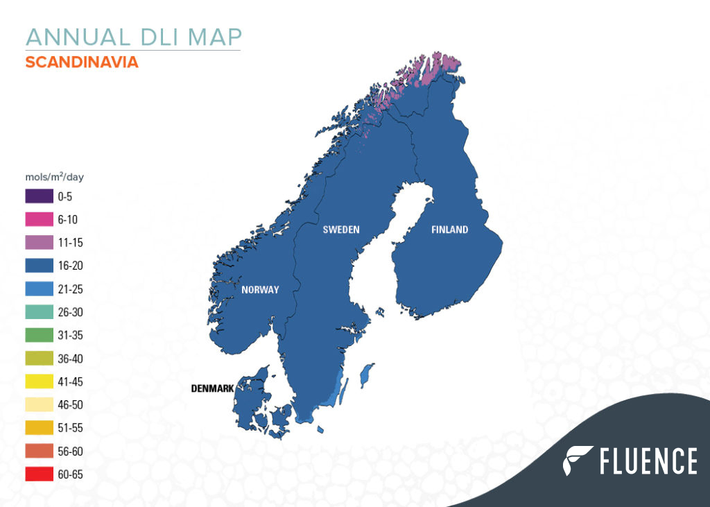 Map of Scandinavia showing DLI levels for cannabis cultivation lighting needs.