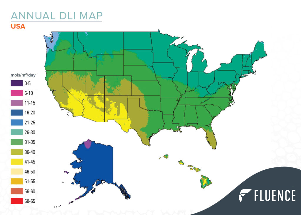 Map of USA showing annual DLI levels for commercial cannabis cultivation lighting.