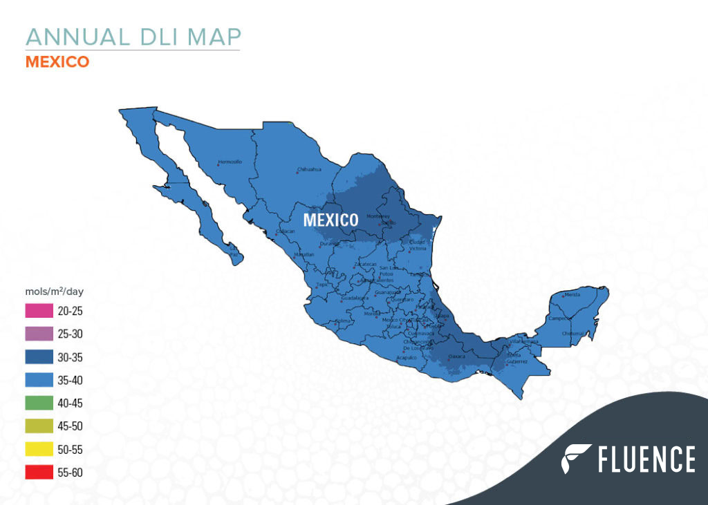 Mexico map showing DLI zones for commercial cannabis grow lights and cultivation.
