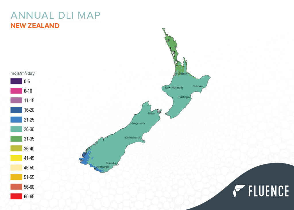 Map of New Zealand DLI levels for cannabis lighting, LED grow lights, cultivation.