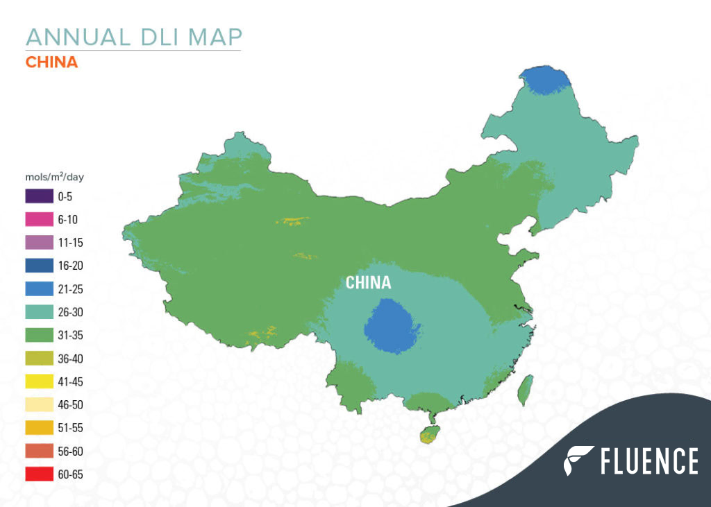 Map of China showing DLI for optimal LED grow lights in cannabis cultivation.