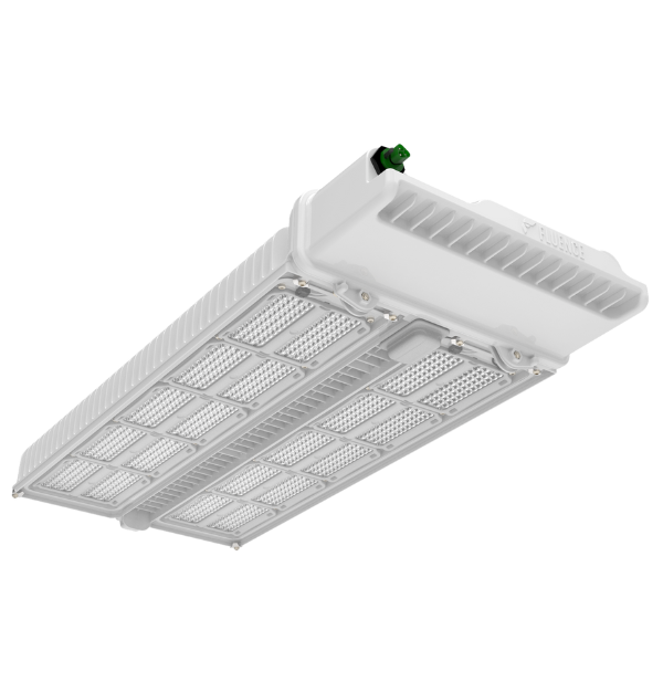 Commercial LED grow light fixture for cannabis cultivation, white housing, multi-panel.
