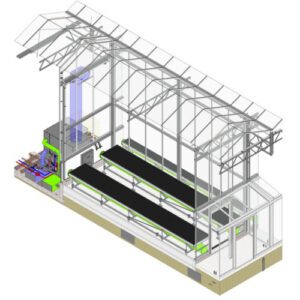 Cutaway greenhouse with LED grow lights for cannabis and advanced lighting controls.