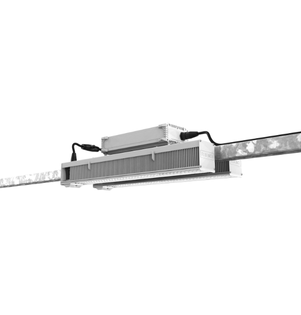 Commercial LED grow light for cannabis cultivation with mounted power supply.