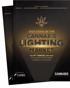 Titelseite des Magazins: "2025 State of the Cannabis Lighting Market" mit Blattgold, LED-Grow-Lampen für Cannabis, Trends im kommerziellen Cannabisanbau.