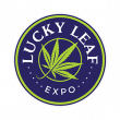 Circular logo with "Lucky Leaf Expo," stylized cannabis leaf, cannabis grow lights, and cultivation technology background.