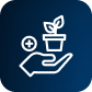 White outline of hand holding potted cannabis plant, plus sign; LED grow lights, commercial cannabis lighting on dark blue background.