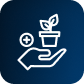 White outline of hand holding potted cannabis plant, plus sign; LED grow lights, commercial cannabis lighting on dark blue background.