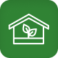 White house outline with leaves on green, symbolizing LED grow lights for cannabis and cultivation technology.