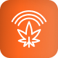 White cannabis leaf under Wi-Fi arcs, symbolizing LED grow lights for cannabis on orange.