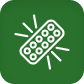 White icon of blister pack, green background; cannabis LED grow lights & lighting tech.