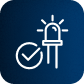 White LED and checkmark icon symbolizing cannabis lighting tech on dark blue for commercial cannabis cultivation.