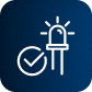 White LED and checkmark icon symbolizing cannabis lighting tech on dark blue for commercial cannabis cultivation.