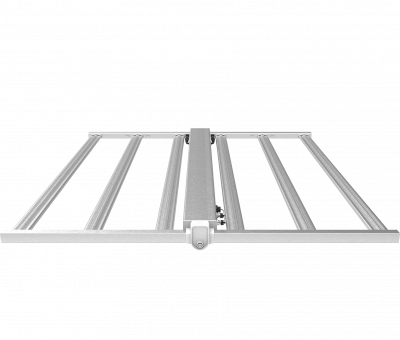 Silver frame with five rails, central bar for LED grow lights in cannabis cultivation.