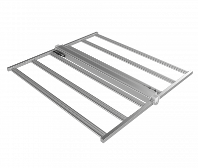 Silver metal LED grow light rack with five bars for commercial cannabis cultivation.