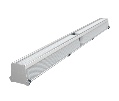 Sleek LED grow light fixture for commercial cannabis cultivation, vented panel design.