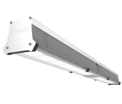 Silver Fluence LED grow light for commercial cannabis cultivation, low angle view.